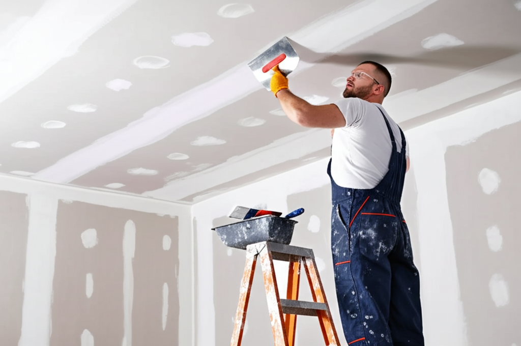 Worker repairing ceiling in Burbank home