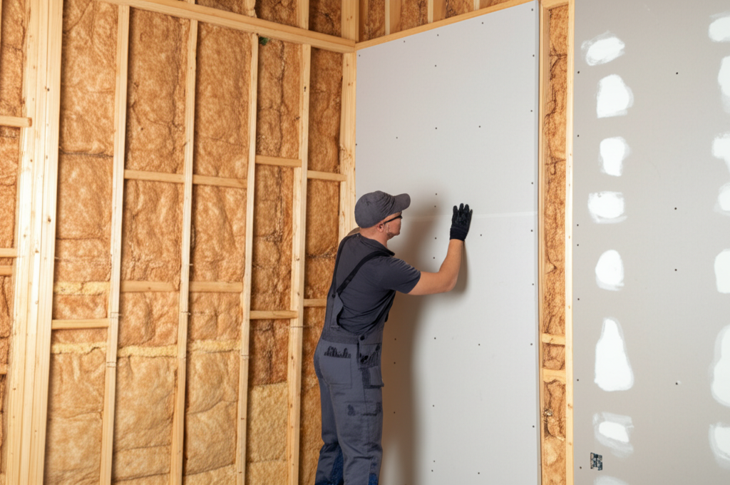 Professional installing new drywall in Burbank home