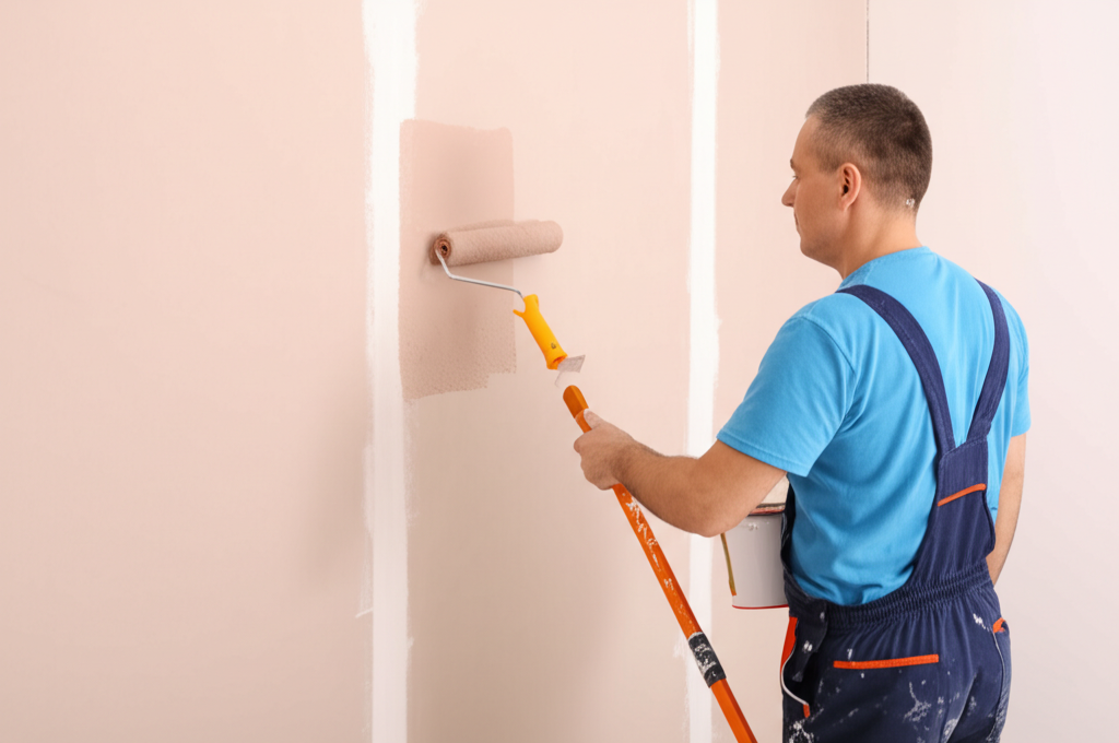 Worker painting finished drywall in Burbank