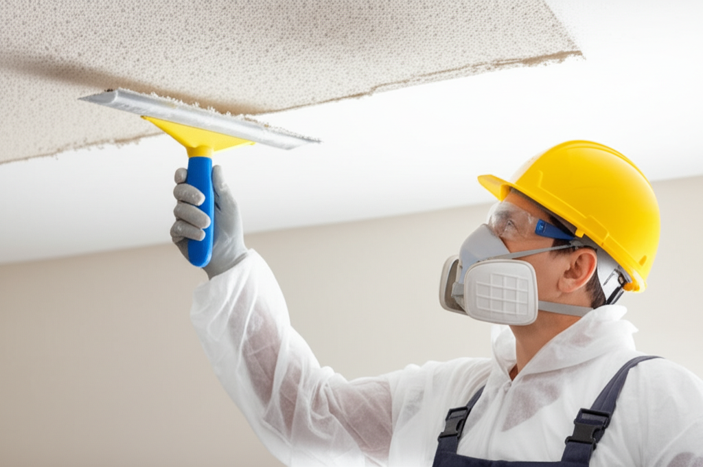 Worker removing popcorn ceiling in Burbank residence