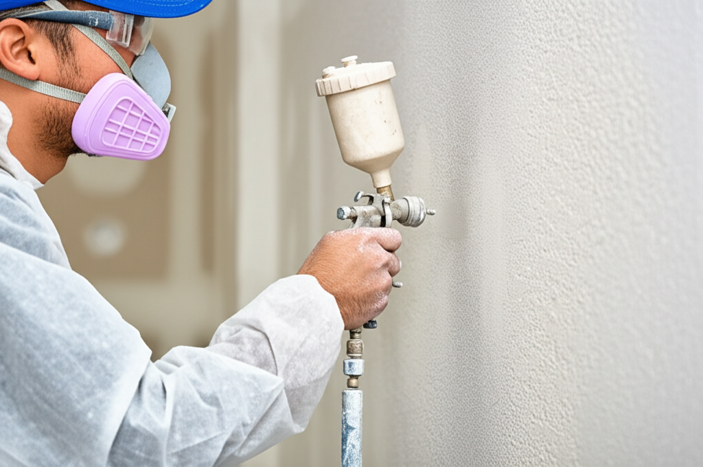 Worker applying texture to wall in Burbank home